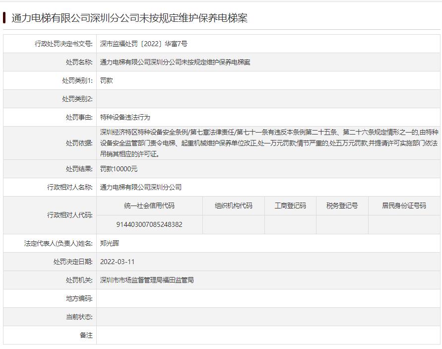 麻将胡了pg网页版通力电梯深圳分公司违法被罚 未按规定维护保养电梯