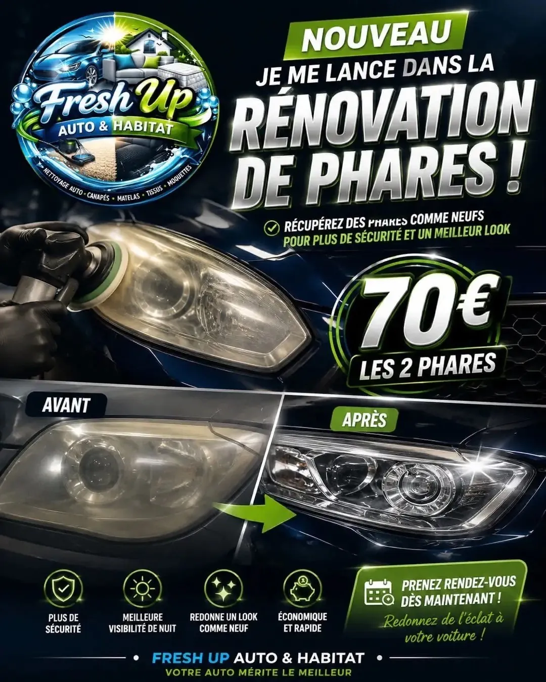 Rénovation des phares de voiture FreshUp : 70 € les deux phares